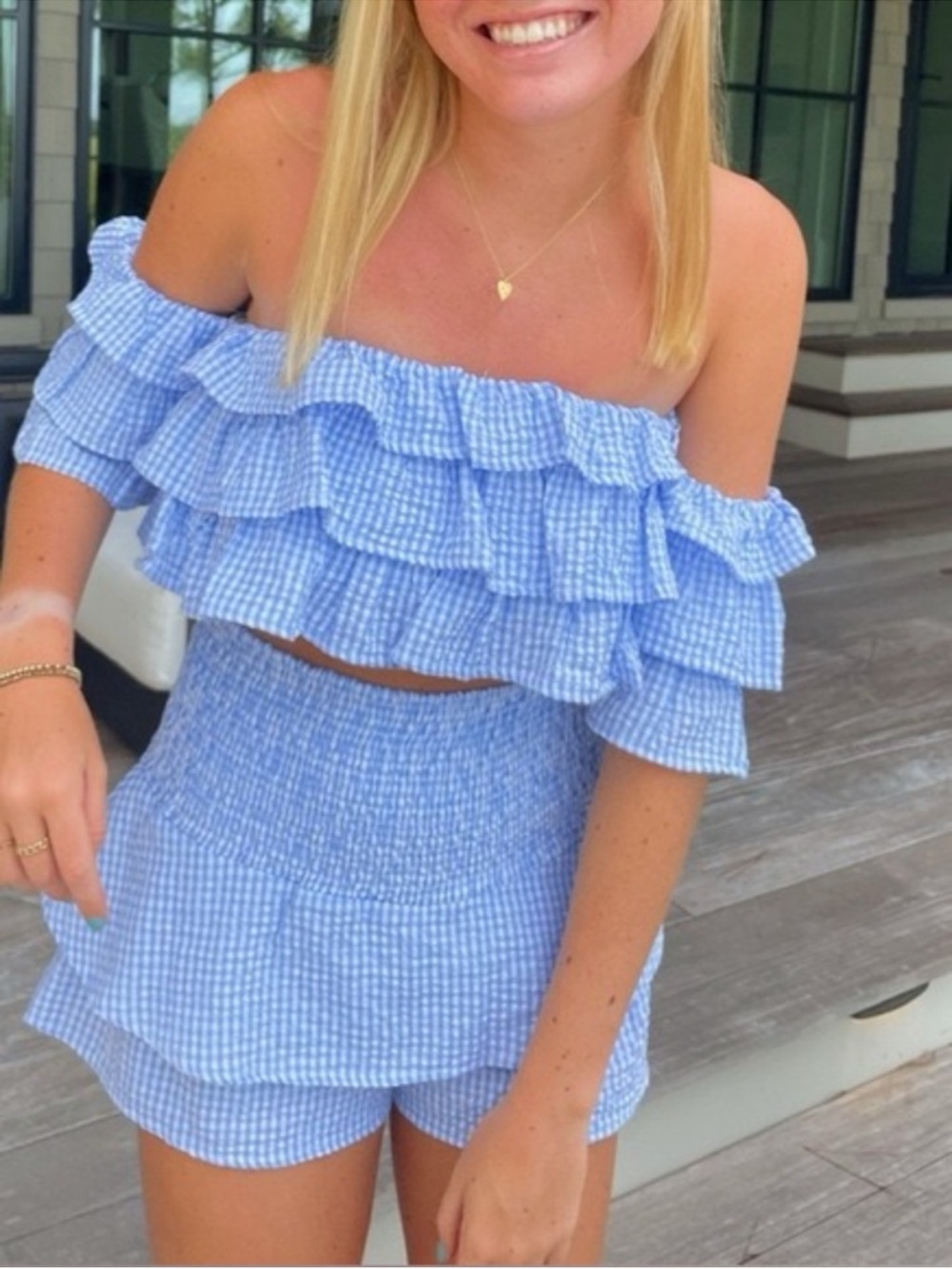 Illa Illa Blue White Gingham Ruffle Off The Shoulder Two Piece Short Set Medium